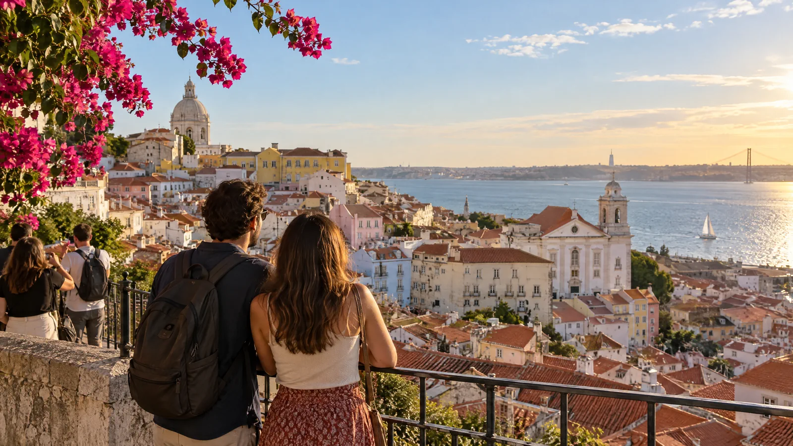 Lissabon, twee reizigers bij de reling van een uitkijkpunt, over de daken van Alfama naar de rivier