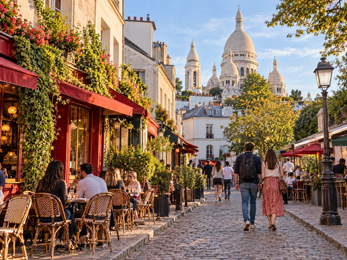Parijs, een straat op Montmartre in avondlicht met een terras