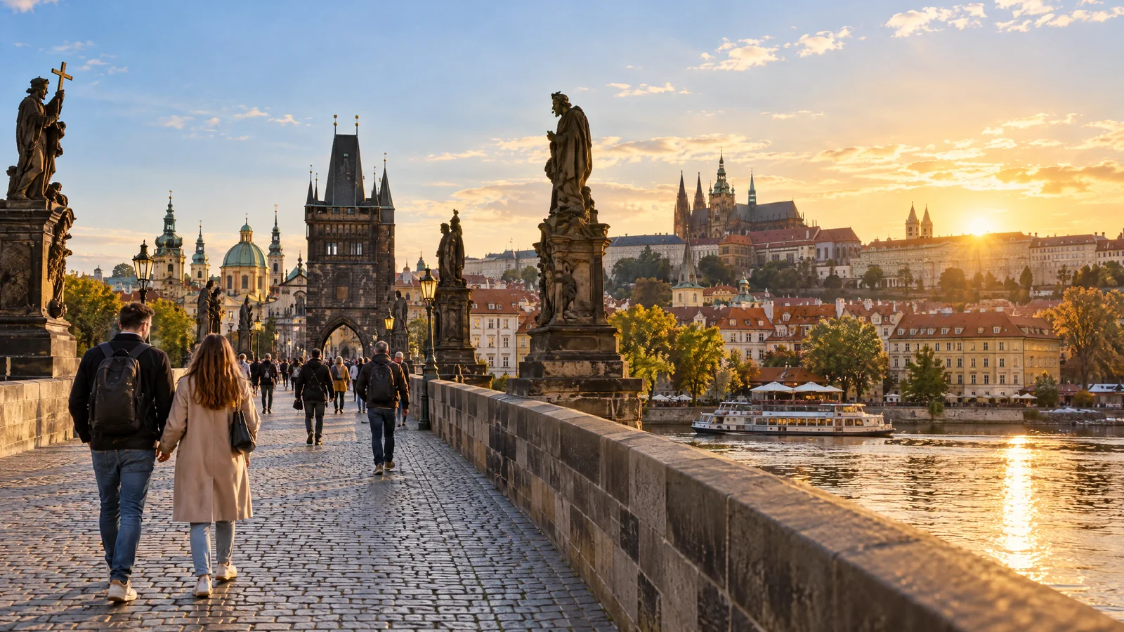 Praag, de Karelsbrug in het gouden licht, twee reizigers lopen richting de Oude Stad